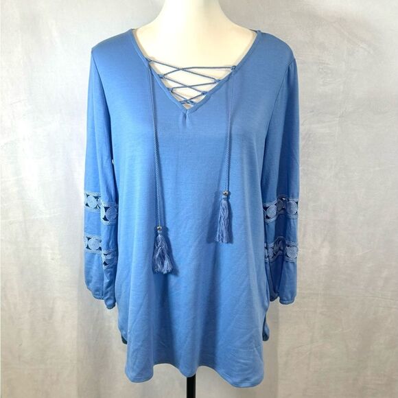 New directions blue long sleeve lace detail cross front peasant top size large - Picture 1 of 6